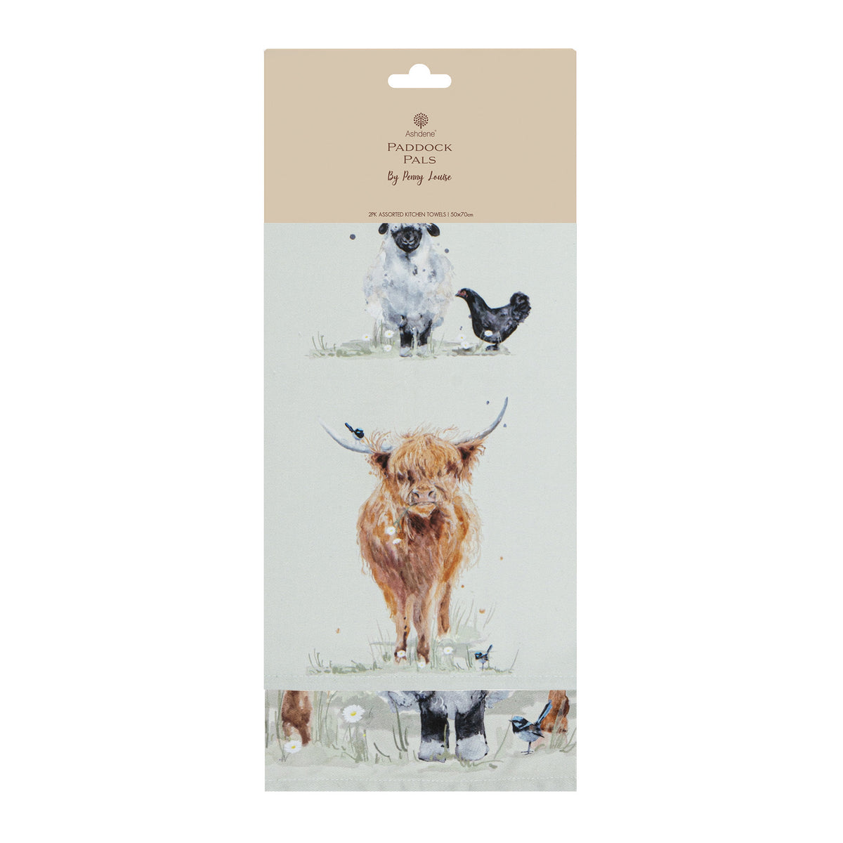 Packaged watercolor art pad featuring highland cows, sheep, chickens, and a duck on a light background with a tan header card. The brand 'Wanderers' and collection 'Paddock Pals' are visible.