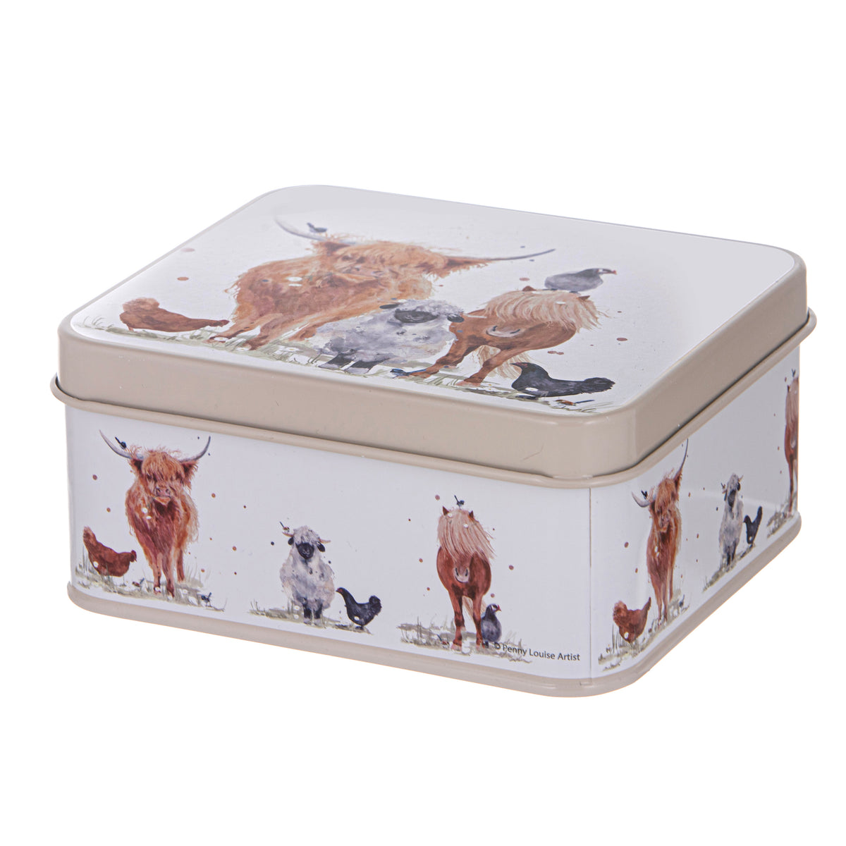 A square metal tin with a hutch-themed illustration featuring Highland cows, chickens, and sheep on a white background. The brand name 'Hutch Art' is visible in small text on the lower right side of the tin.