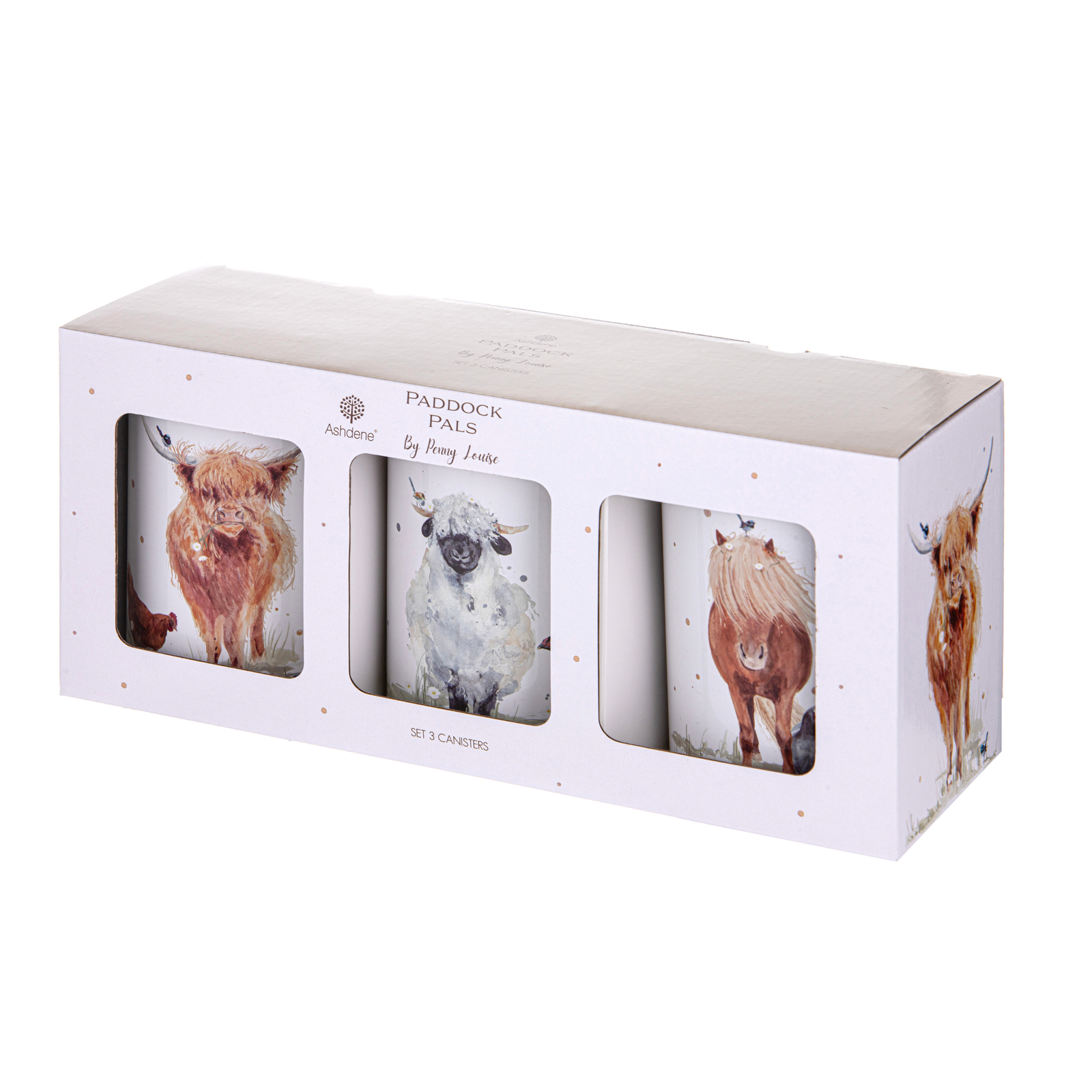 Three round metal canisters with lids, decorated with watercolor illustrations of Highland farm animals including a brown highland cow, a white sheep, and a brown horse, on a plain white background.