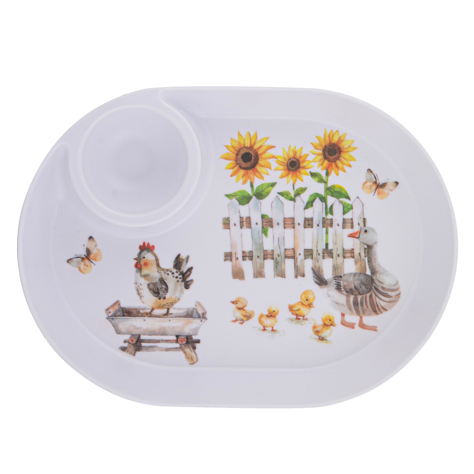A white oval children's dinner plate with a small integrated cup, decorated with a watercolor-style farm scene featuring a hen, duck, sunflowers, butterflies, and chicks.