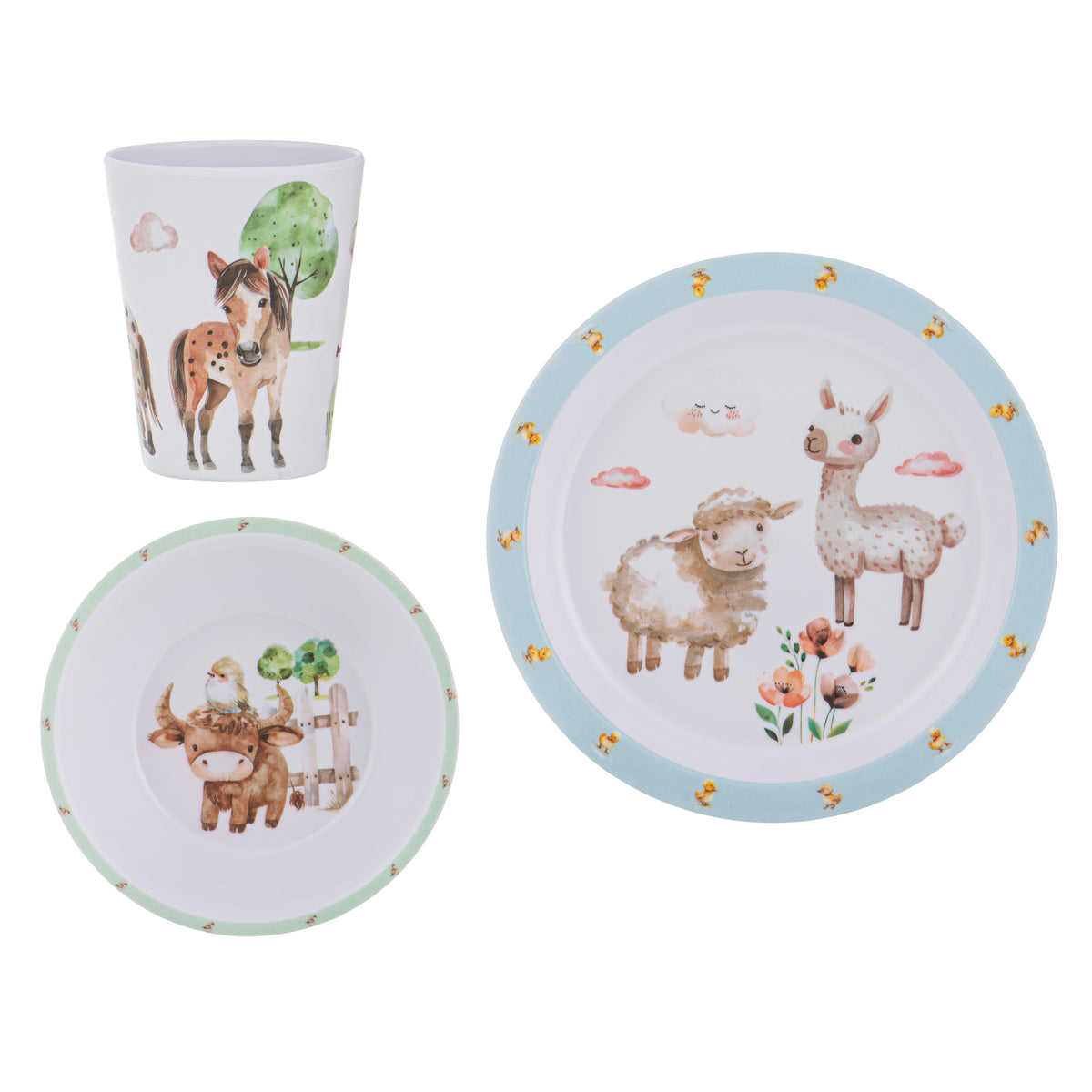 A children's dinnerware set featuring a white cup, a shallow bowl, and a larger plate with cute animal illustrations including a horse, sheep, llama, flowers, and clouds. The pieces have pastel-colored borders and are shown on a plain white background.