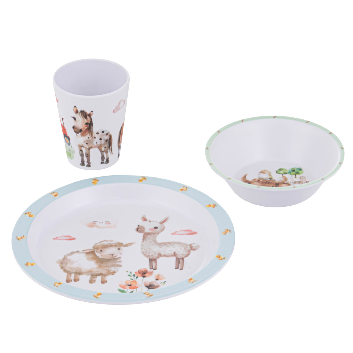 A three-piece children's dinnerware set featuring a plate, a bowl, and a cup decorated with cute animal illustrations including a sheep, llama, horse, and duck.
