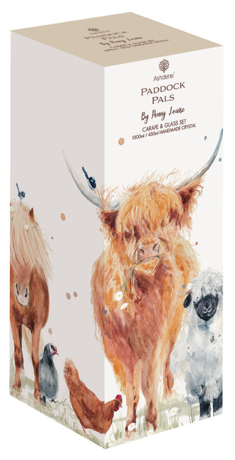 A tall rectangular product box for 'Paddock Pals' by 'Angie Martin', featuring watercolor illustrations of Highland cattle, sheep, a horse, and a chicken on a light background.