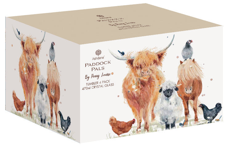 A boxed set of Aundus' 'Paddock Pals' tumblers and pack, featuring watercolor illustrations of Highland cows, sheep, chickens, and a horse on the cream-colored packaging.