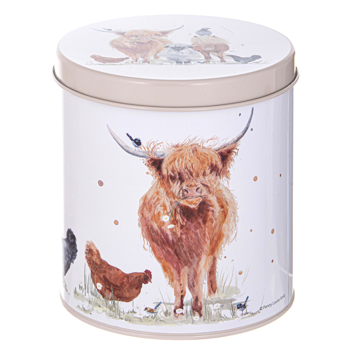 A cylindrical metal tin with a lid, decorated with a watercolor-style illustration of a Highland cow, chickens, and birds on a white background.