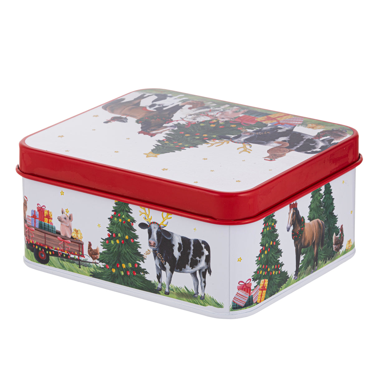 A square metal Christmas tin with a red rim and lid, decorated with festive illustrations including a black-and-white cow, a horse, Christmas trees, gifts, and animals on a white background.