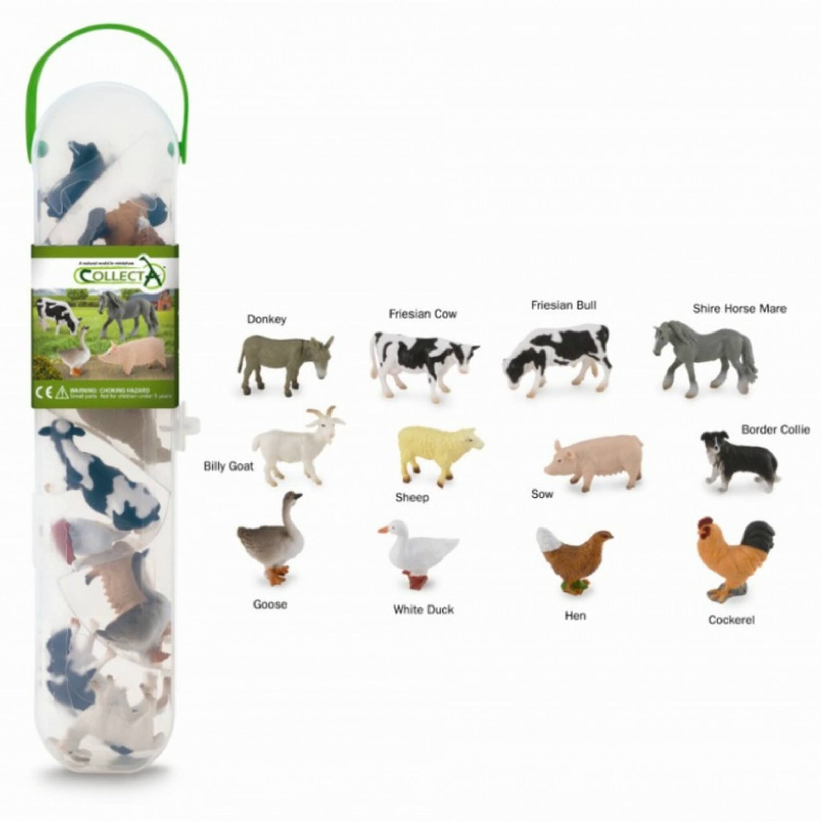 A collection of CollectA brand toy animal figurines, including various farm animals like a donkey, cow, bull, horses, goat, sheep, and a chicken, among others, displayed in a clear tube packaging.