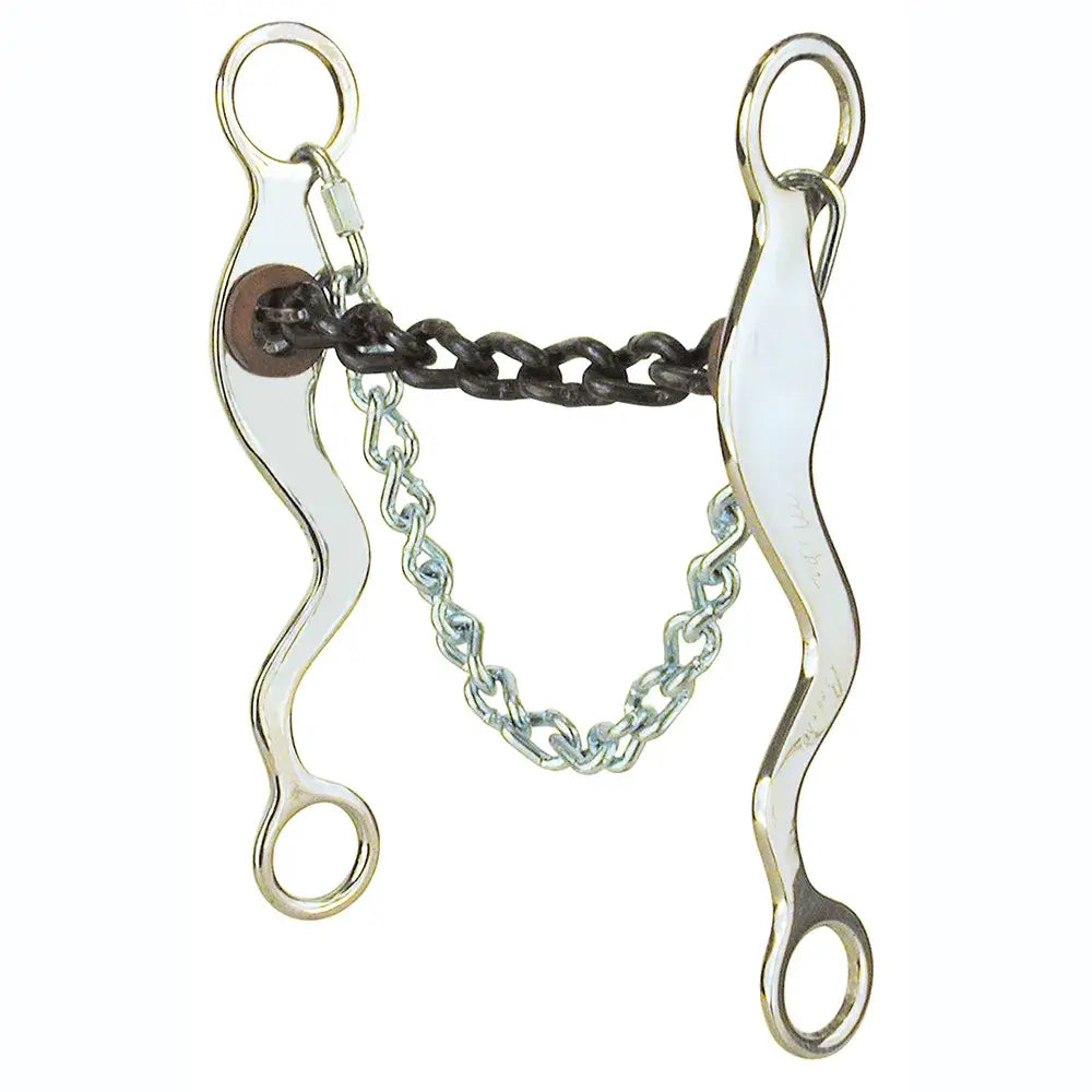Reinsman Stage C Mike Beers Large Chain Mouth Bit. A Reinsman Stage C Mike Beers Large Chain Mouth Bit for horses, featuring a silver-colored metal mouthpiece with a chain attached, against a white background.