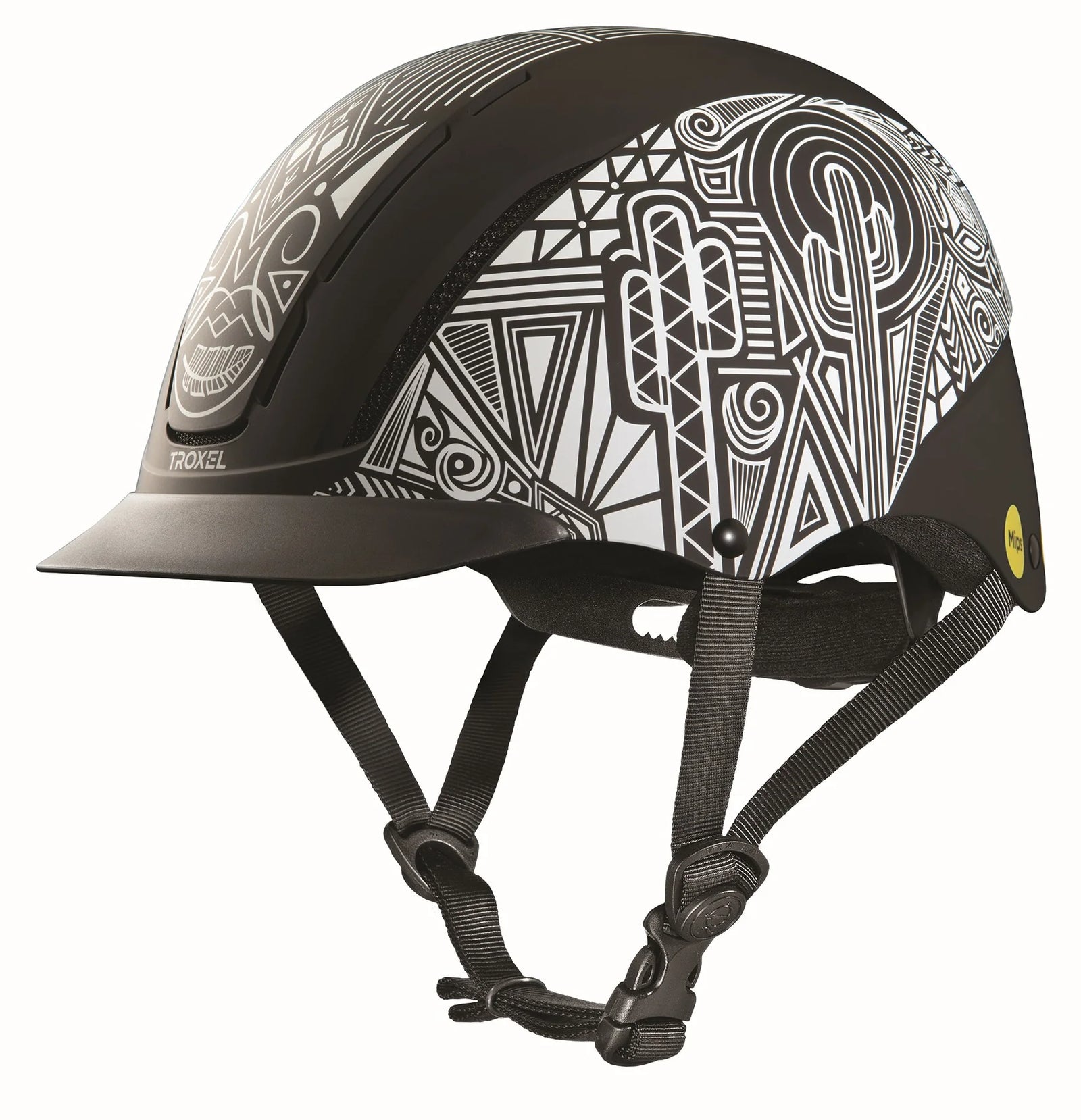 Troxel Spirit™ Horse Riding Helmet with Mips Technology. A black horse riding helmet with a geometric pattern design in white.