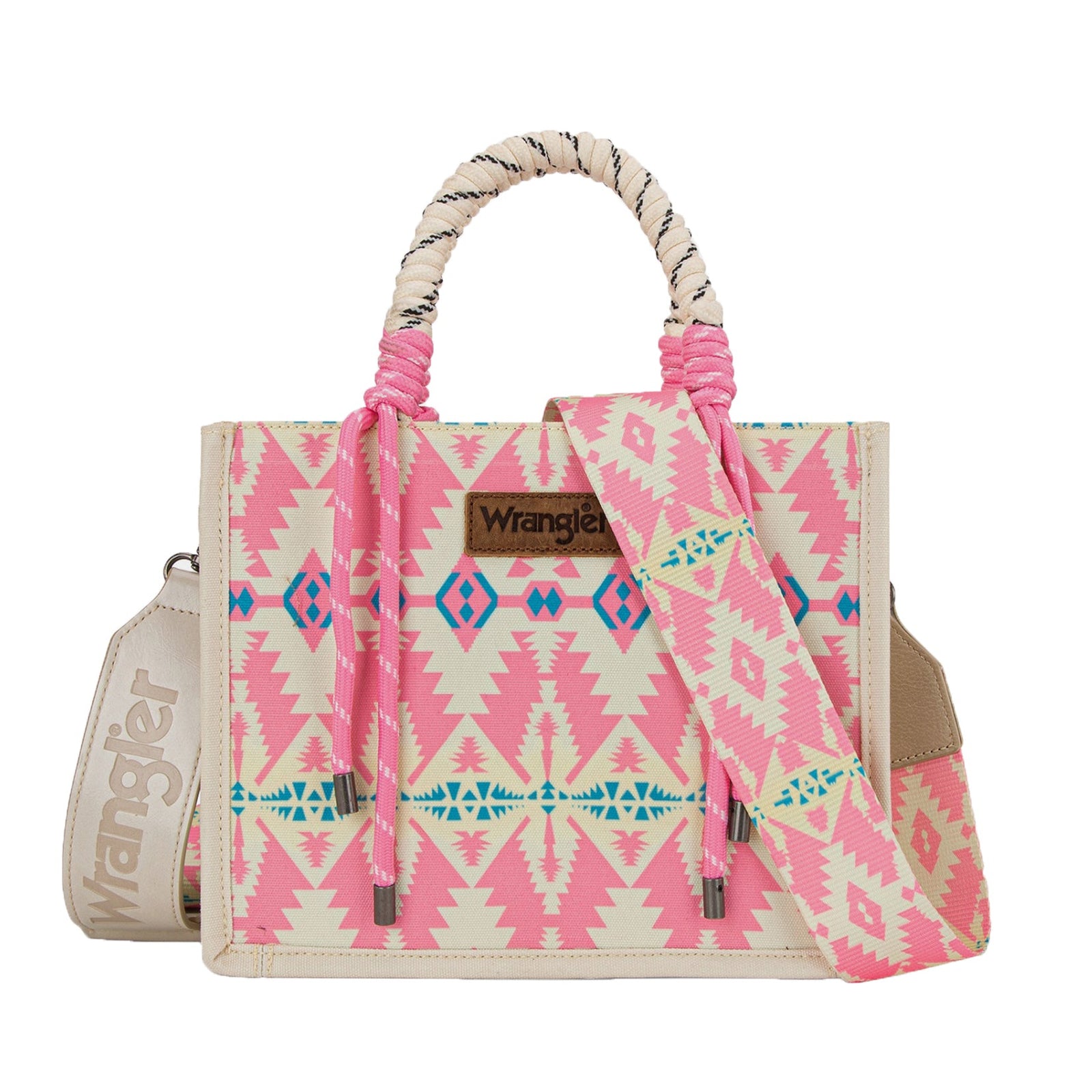 Wrangler Pink Southwestern Rope Handle Bag. Handbag with pink and white pattern on a white background