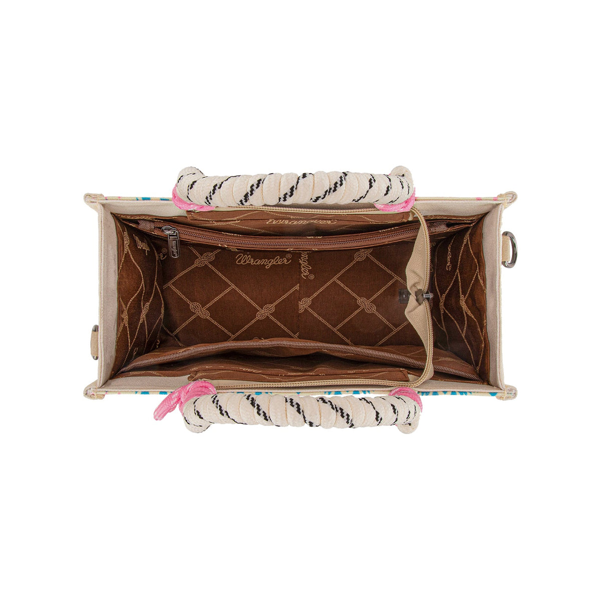 Wrangler Pink Southwestern Rope Handle Bag. Handbag with a textured interior and decorative straps on a white background