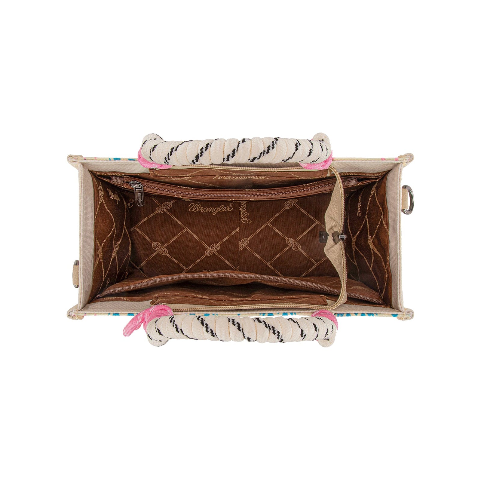 Wrangler Pink Southwestern Rope Handle Bag. Handbag with a textured interior and decorative straps on a white background