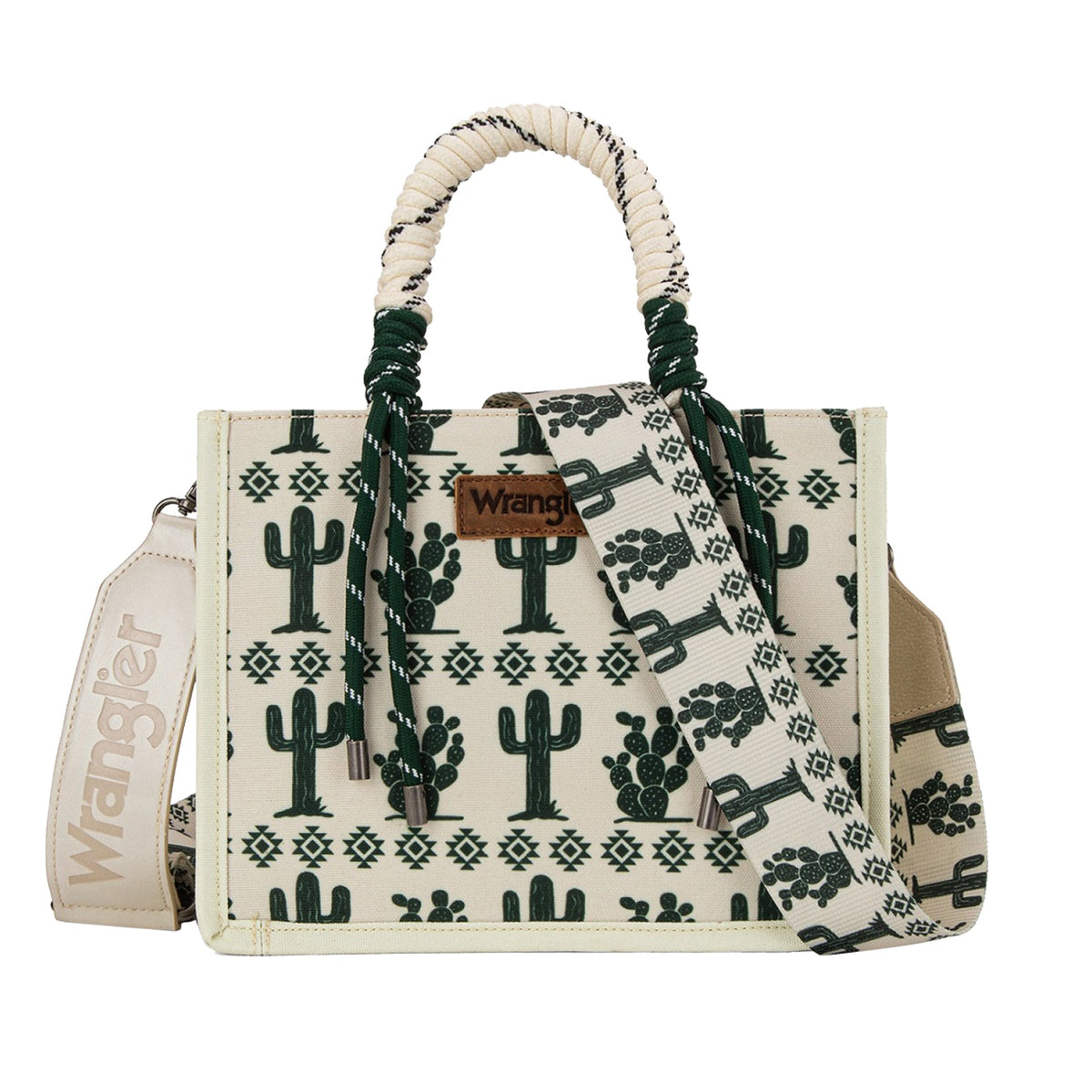 Wrangler Beige Southwestern Rope Handle Bag. Handbag with cactus pattern on a white background