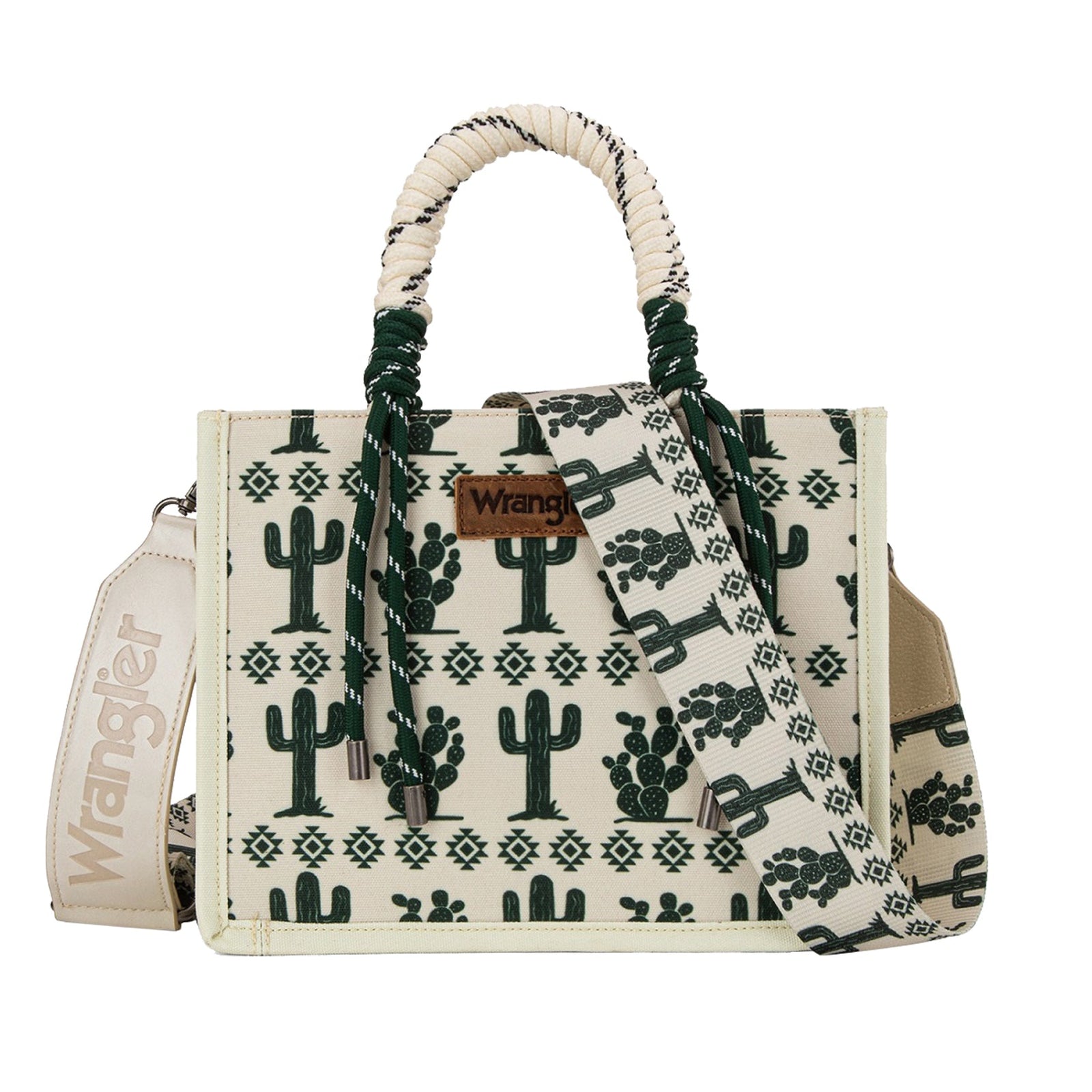 Wrangler Beige Southwestern Rope Handle Bag. Handbag with cactus pattern on a white background