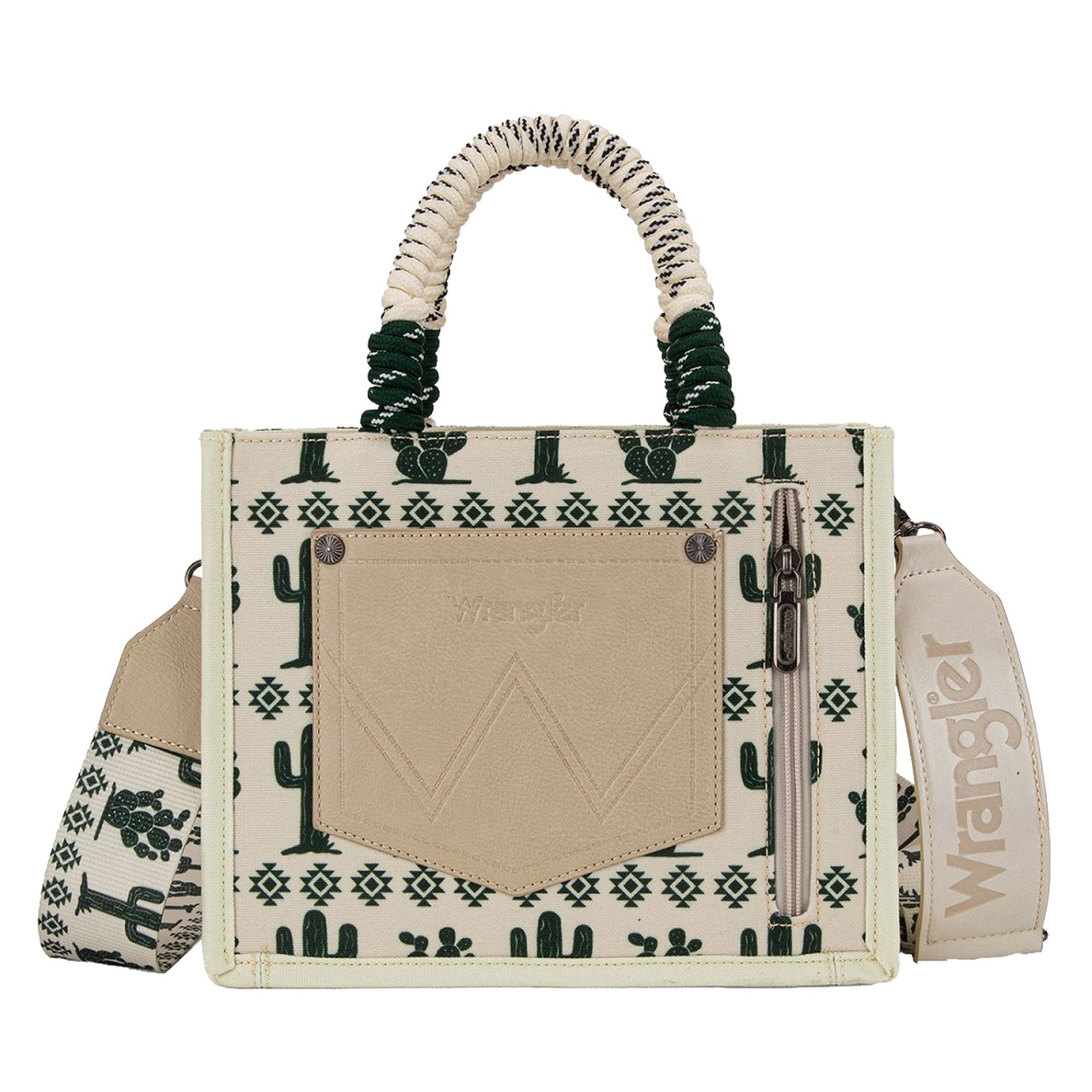 Wrangler Beige Southwestern Rope Handle Bag. Handbag with cactus pattern on a white background