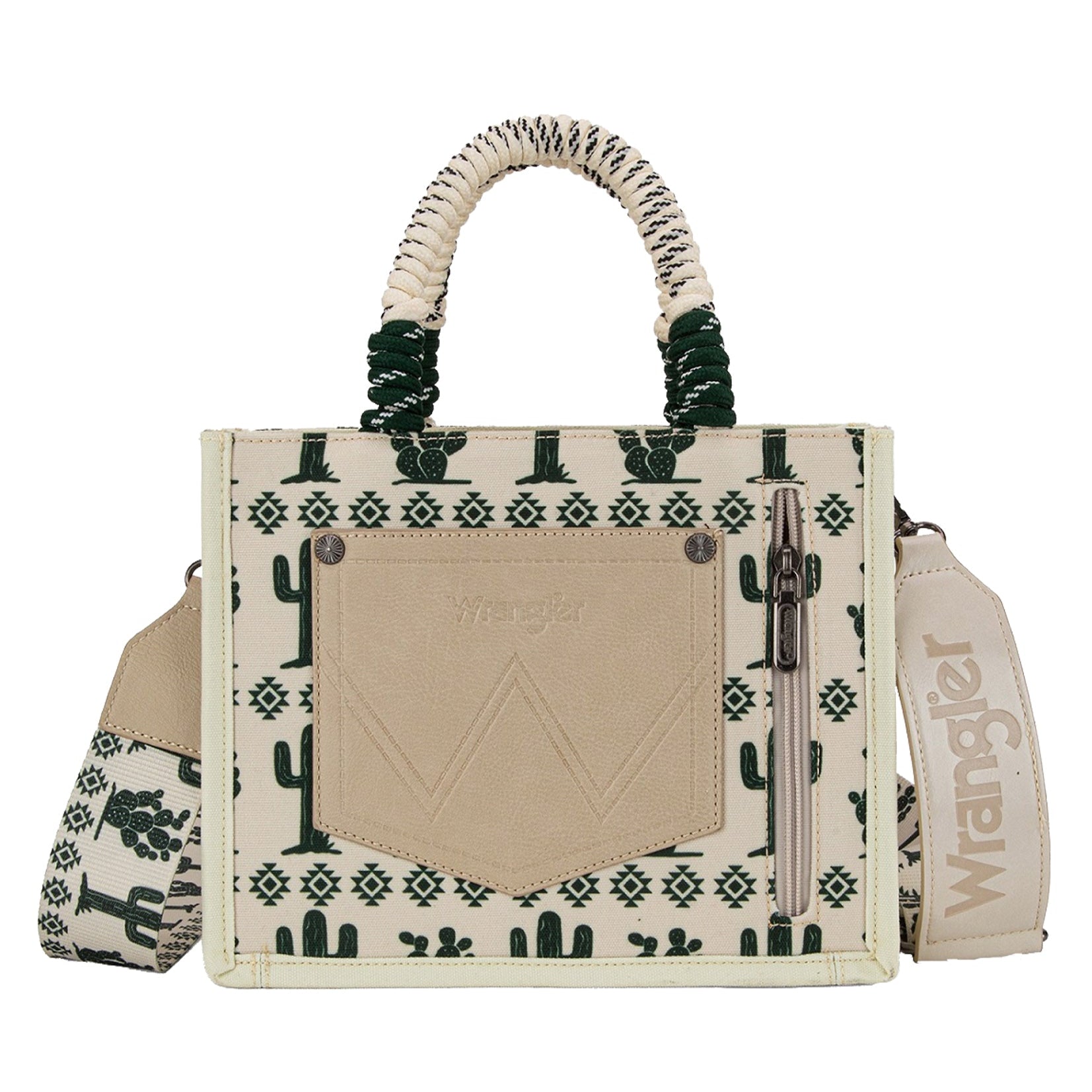 Wrangler Beige Southwestern Rope Handle Bag. Handbag with cactus pattern on a white background