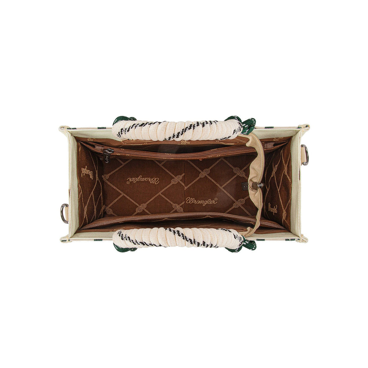 Wrangler Beige Southwestern Rope Handle Bag. Designer handbag with brand name on a white background