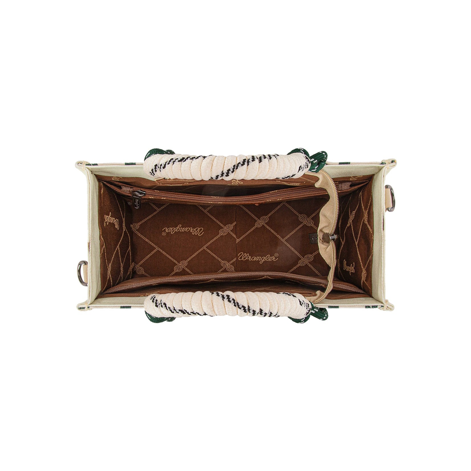 Wrangler Beige Southwestern Rope Handle Bag. Designer handbag with brand name on a white background