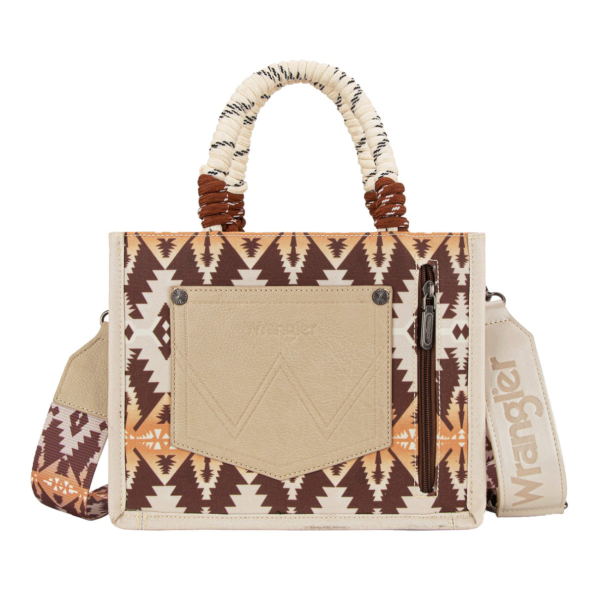 Wrangler Mocha Southwestern Rope Handle Bag. Handbag with tribal pattern and 'Wrangler' branding on a white background