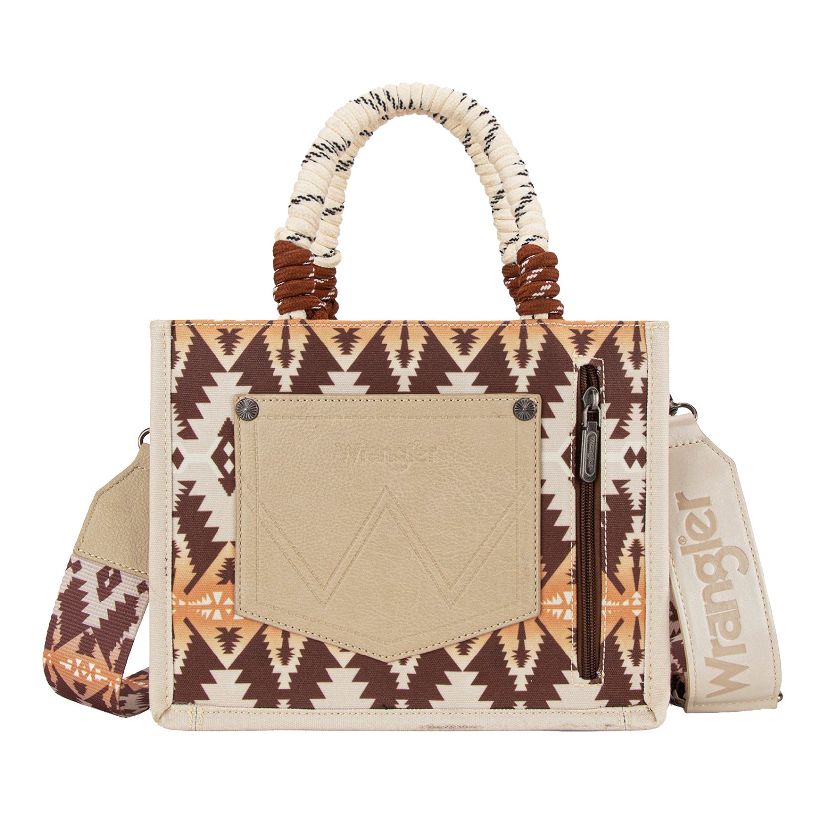 Wrangler Mocha Southwestern Rope Handle Bag. Handbag with tribal pattern and Wrangler branding on a white background