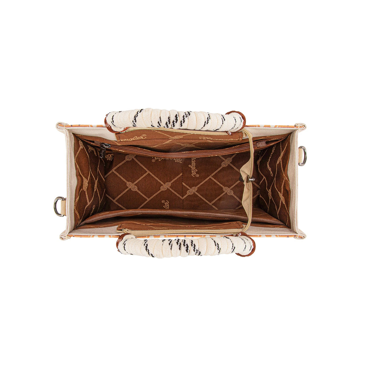 Wrangler Mocha Southwestern Rope Handle Bag. Brown handbag with gold accents on a white background