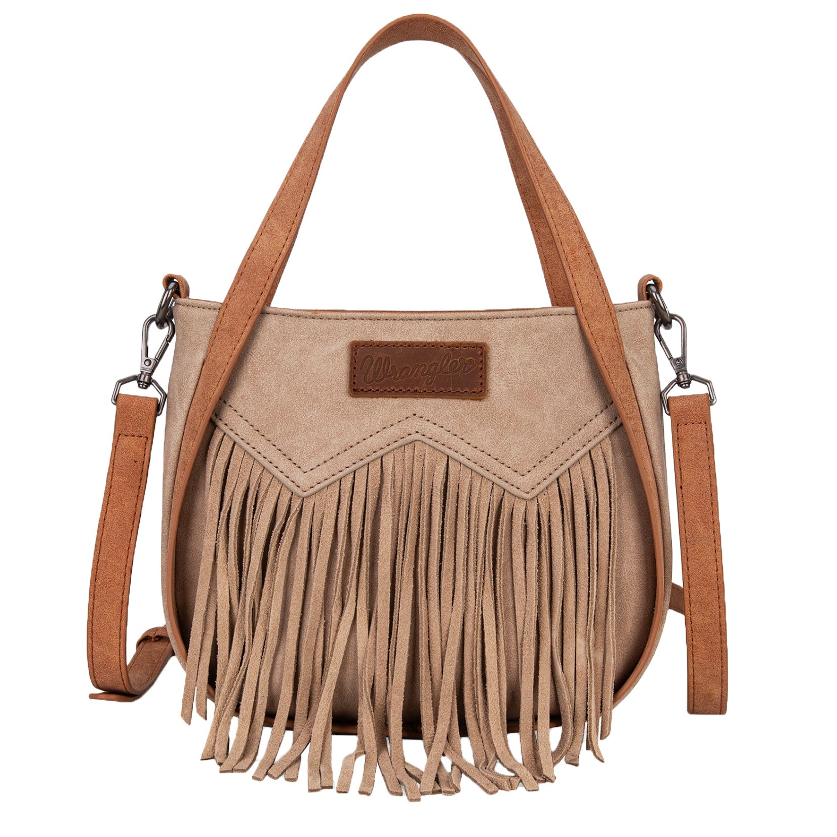 Wrangler Camel Two Tone Fringe Western Bag. Beige handbag with brown fringe and matching strap on a white background