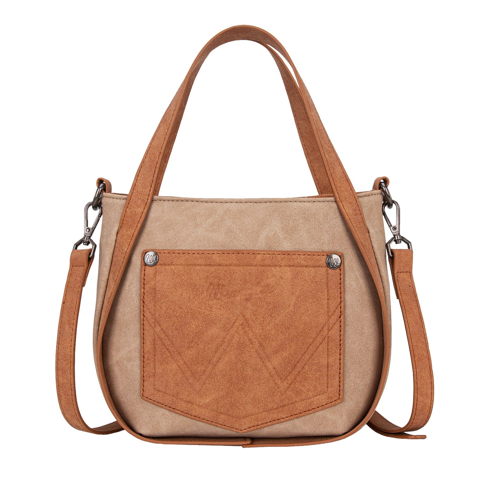 Wrangler Camel Two Tone Fringe Western Bag. Beige handbag with brown fringe and matching strap on a white background