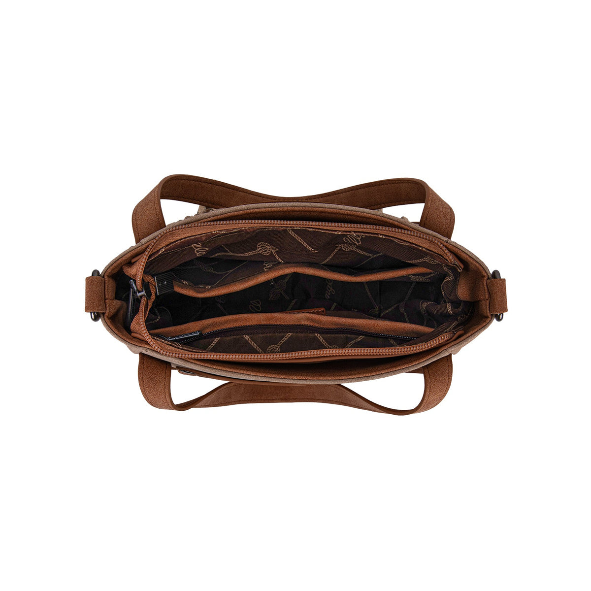 Wrangler Camel Two Tone Fringe Western Bag. Brown leather bag with a strap on a white background