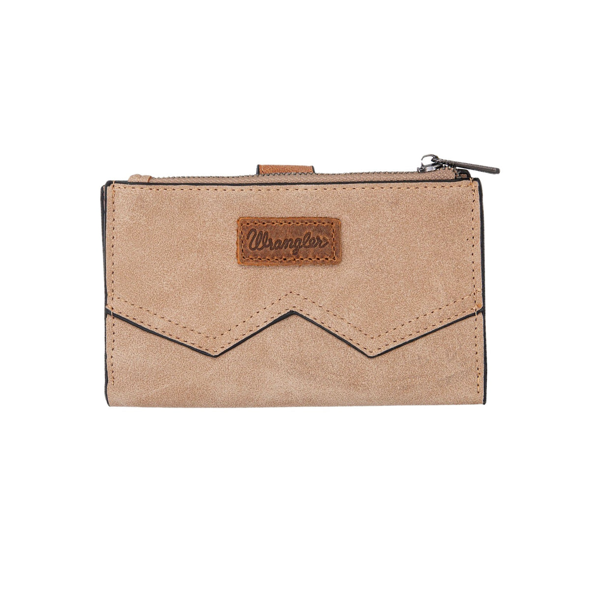 Wrangler Camel W Stitch Western Wallet. Beige wallet with a brand logo on a white background