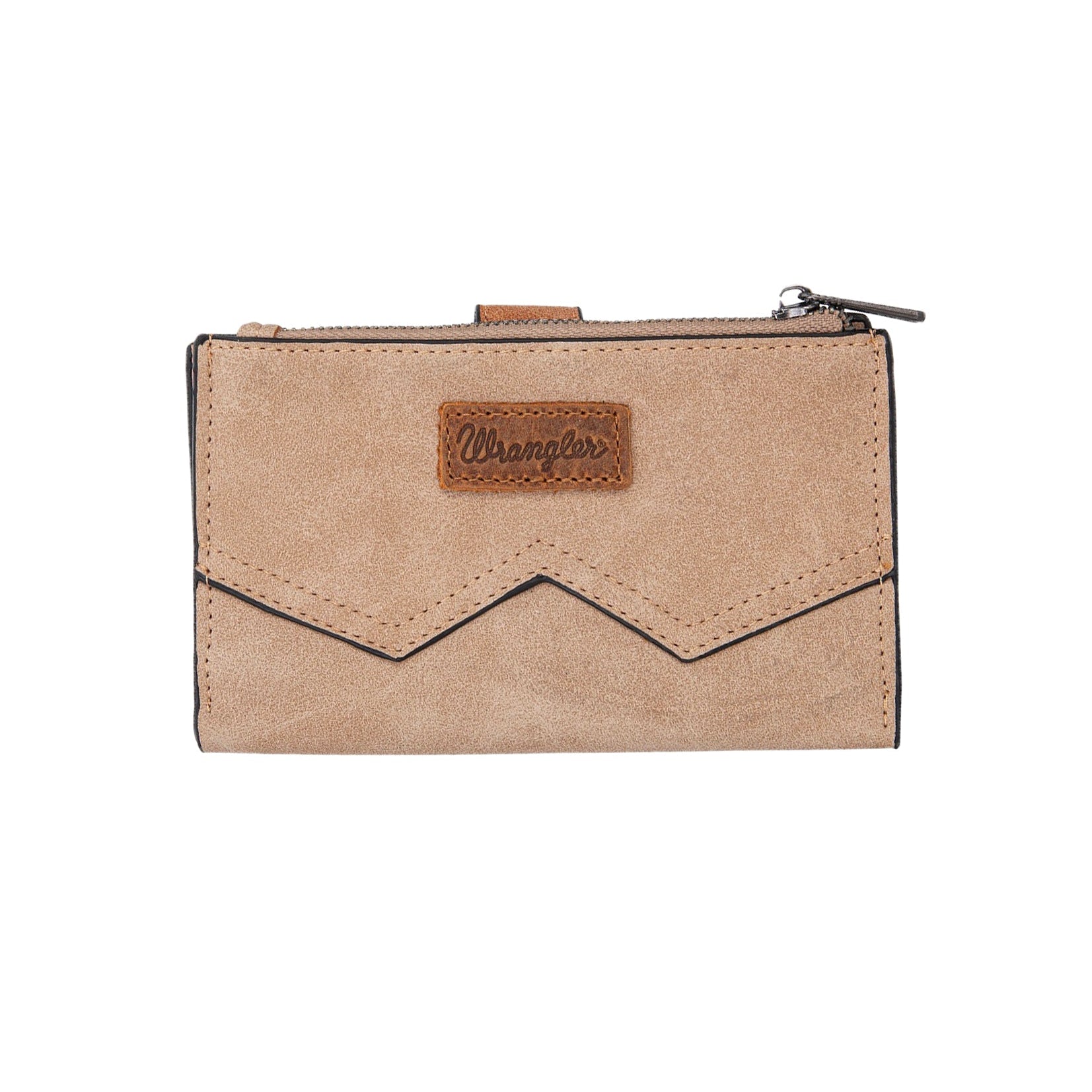 Wrangler Camel W Stitch Western Wallet. Beige wallet with a brand logo on a white background