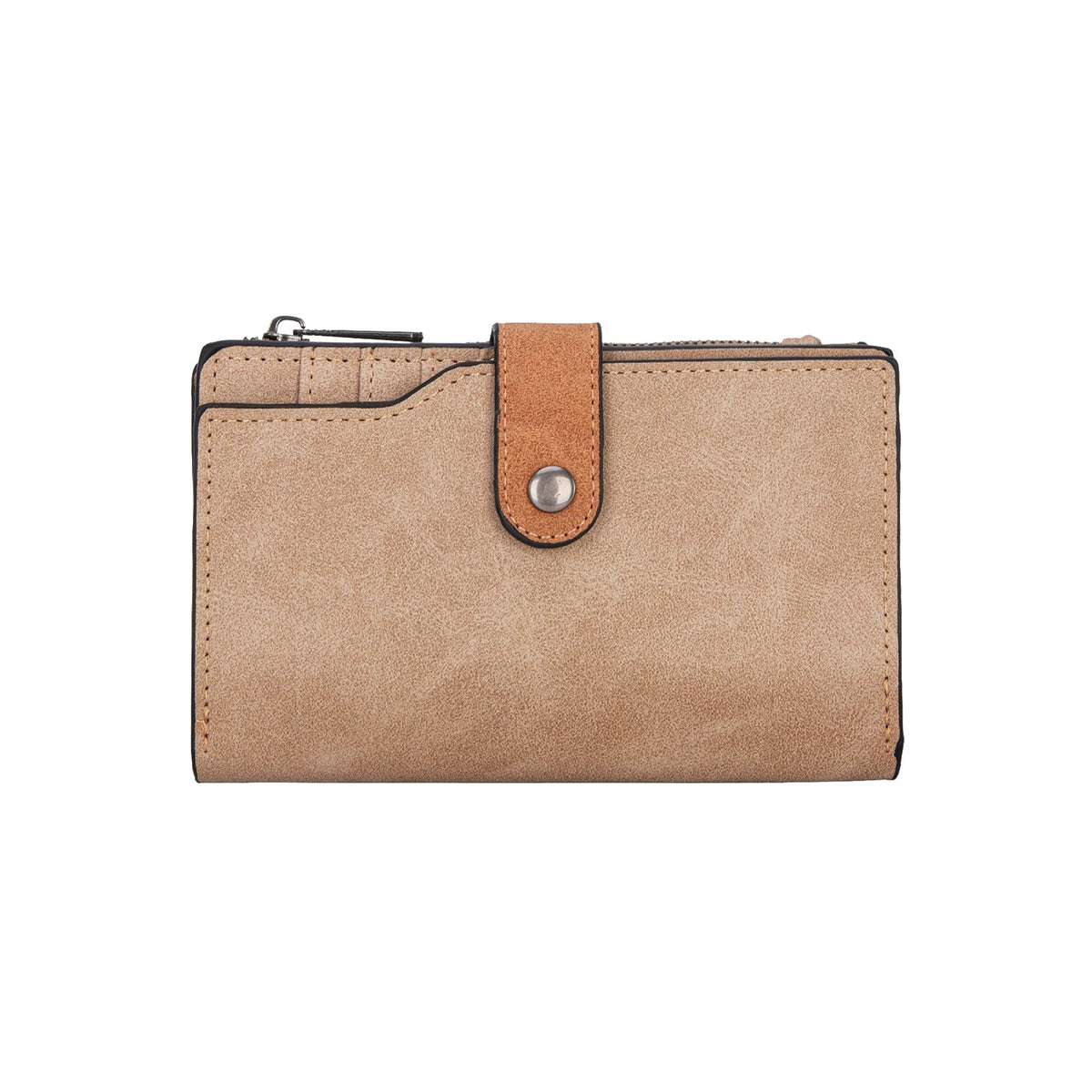 Wrangler Camel W Stitch Western Wallet. Beige wallet with a brown strap on a white background