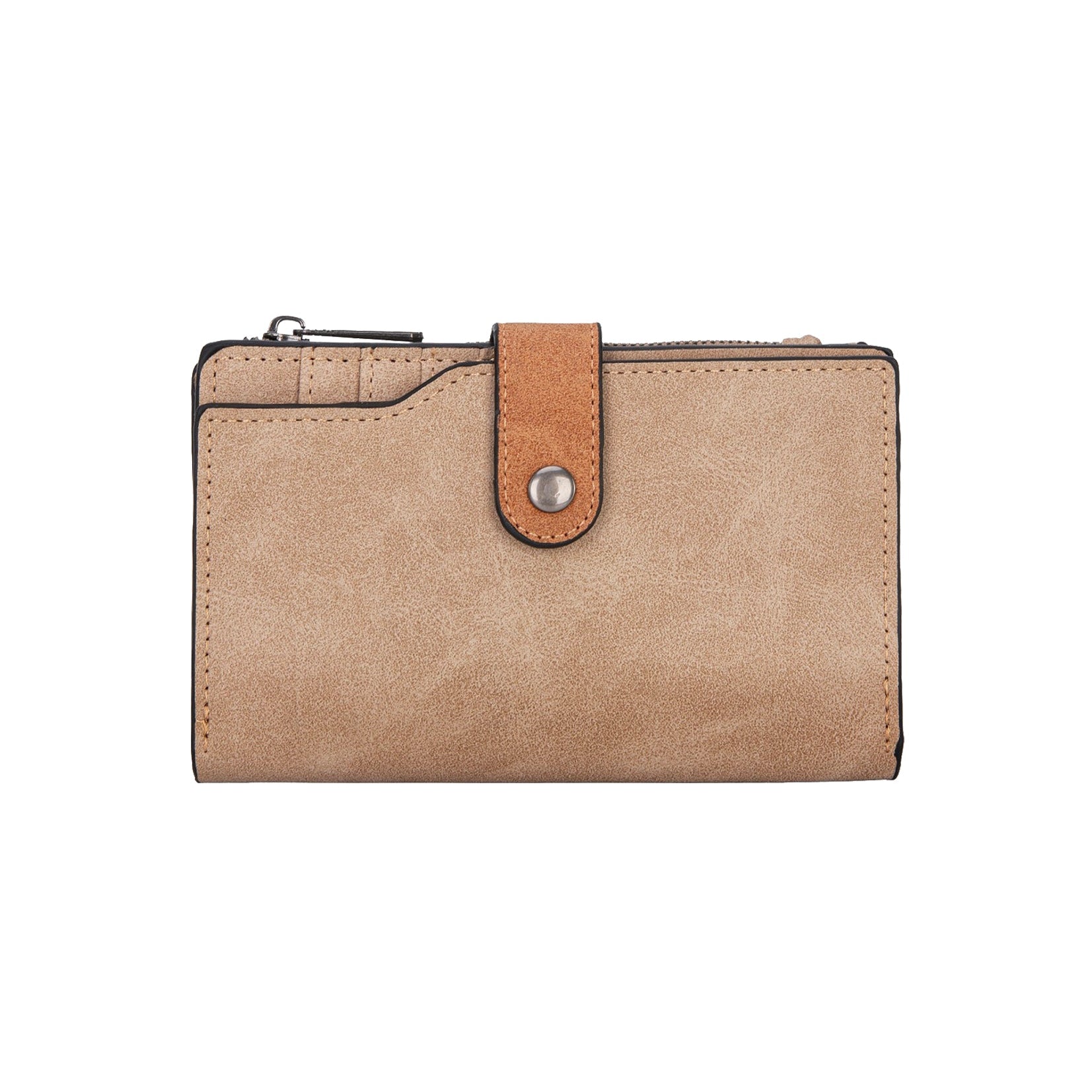 Wrangler Camel W Stitch Western Wallet. Beige wallet with a brand logo on a white background