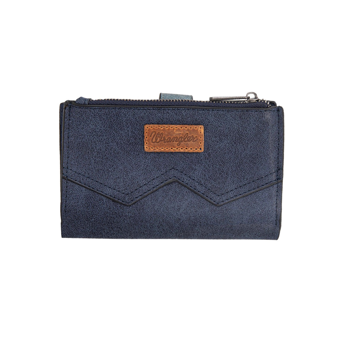 Wrangler Navy W Stitch Western Wallet. Blue denim wallet with a brown leather patch on a white background