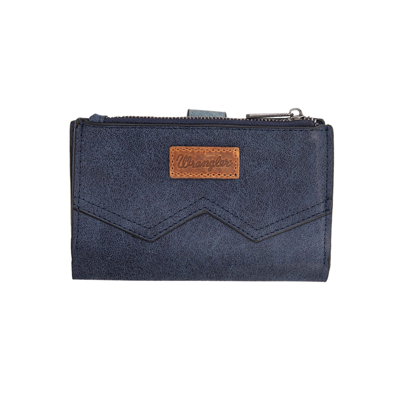Wrangler Navy W Stitch Western Wallet. Blue denim wallet with a brown leather patch on a white background
