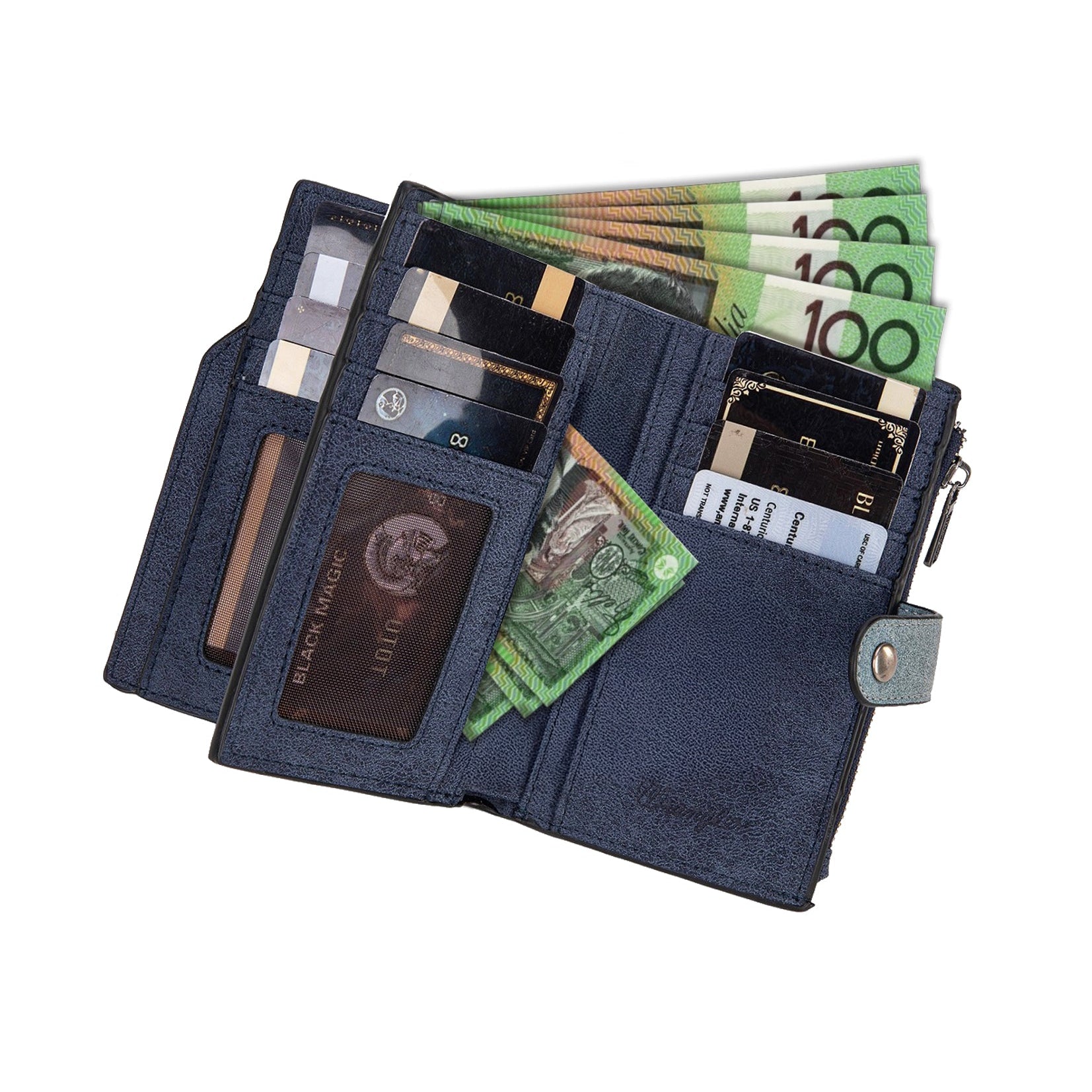 Wrangler Navy W Stitch Western Wallet. Blue wallet with money and cards on a white background