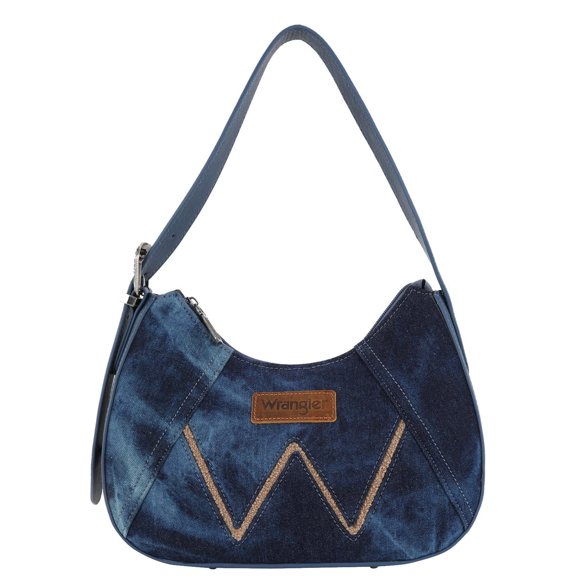 Wrangler Dark Denim Willa Shoulder Bag. Blue denim handbag with a brown &#39;W&#39; logo on a white background