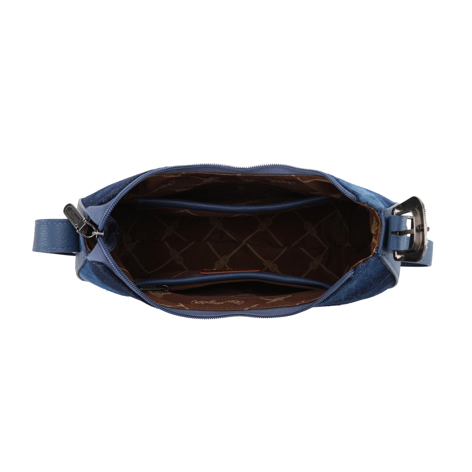 Wrangler Dark Denim Willa Shoulder Bag. Blue handbag with a quilted brown interior on a white background