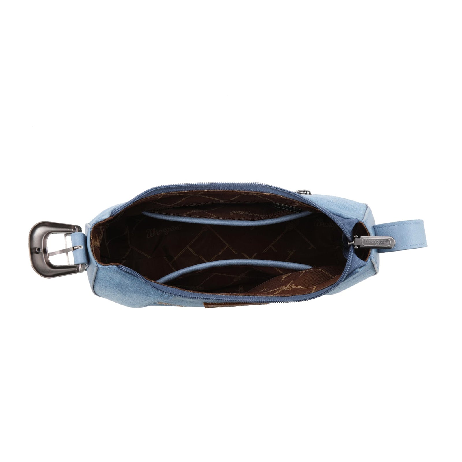 Wrangler Light Denim Willa Shoulder Bag. Blue handbag with a textured interior on a white background