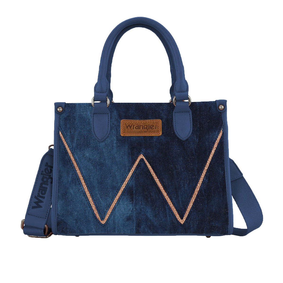 Wrangler Dark Denim Willa Crossbody Bag. Blue handbag with a V-shaped design on a white background