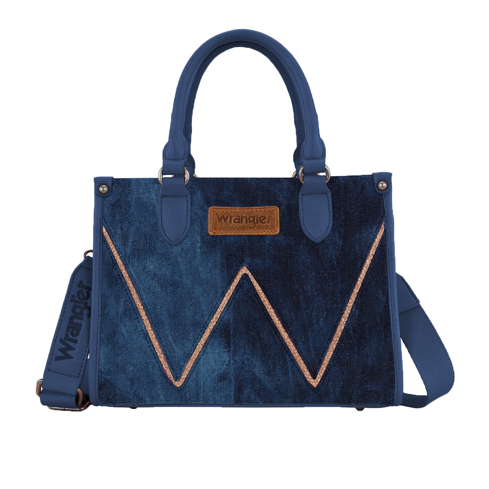 Wrangler Dark Denim Willa Crossbody Bag. Blue handbag with a V-shaped design on a white background