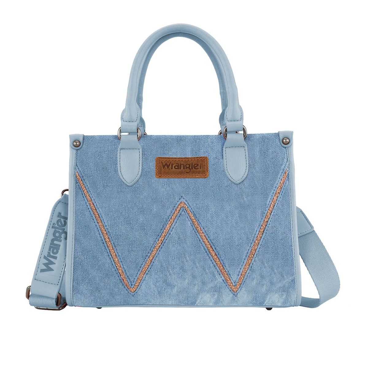 Wrangler Light Denim Willa Crossbody Bag. Blue denim handbag with a brown leather patch on a white background