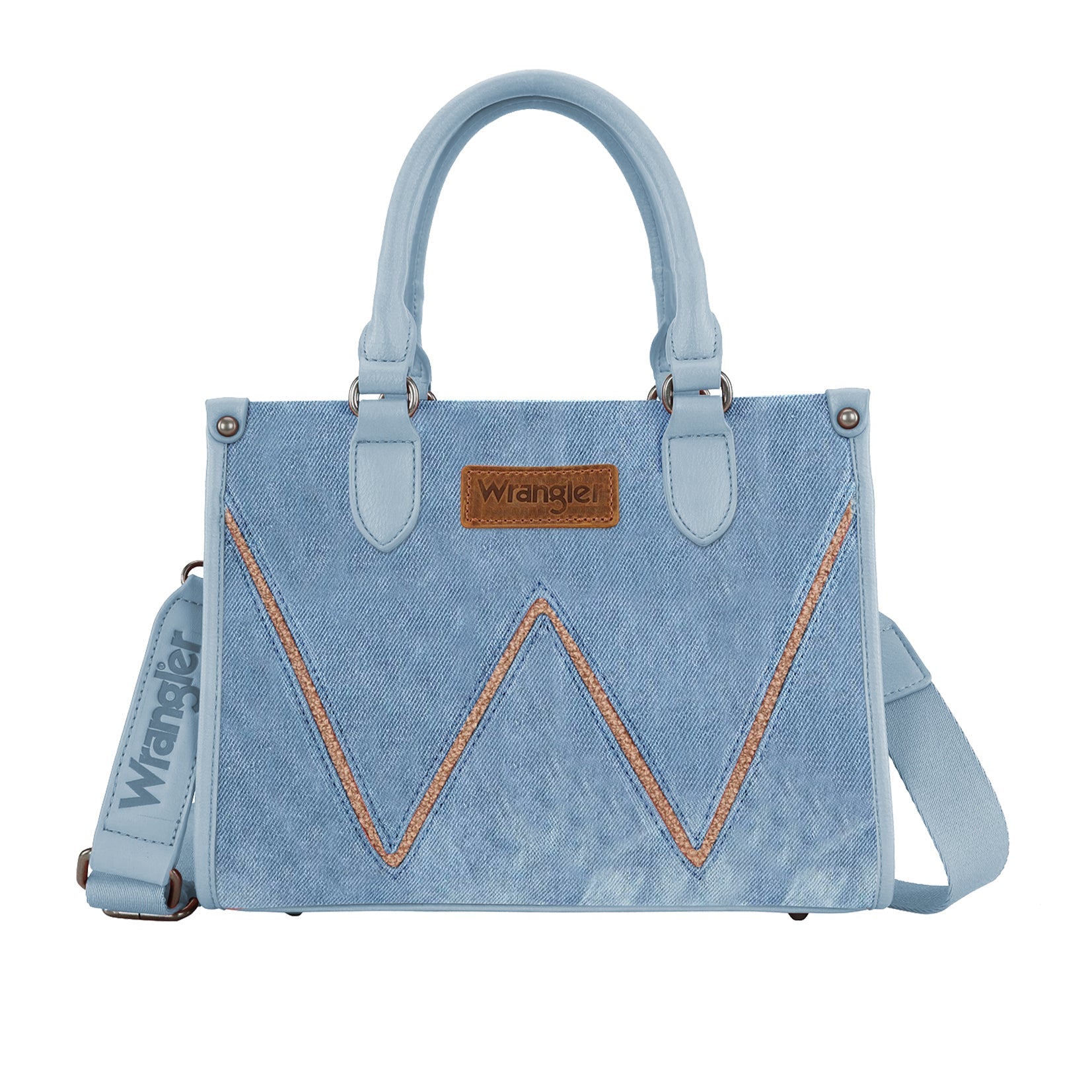 Wrangler Light Denim Willa Crossbody Bag. Blue denim handbag with a brown leather patch on a white background