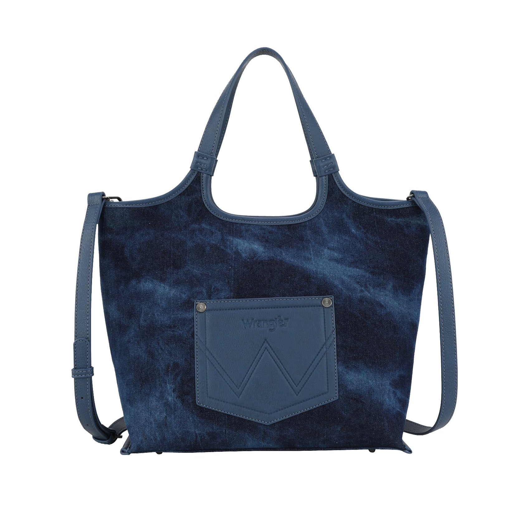 Wrangler Dark Denim Willa Tote Bag. Blue tie-dye tote bag with a pocket on a white background