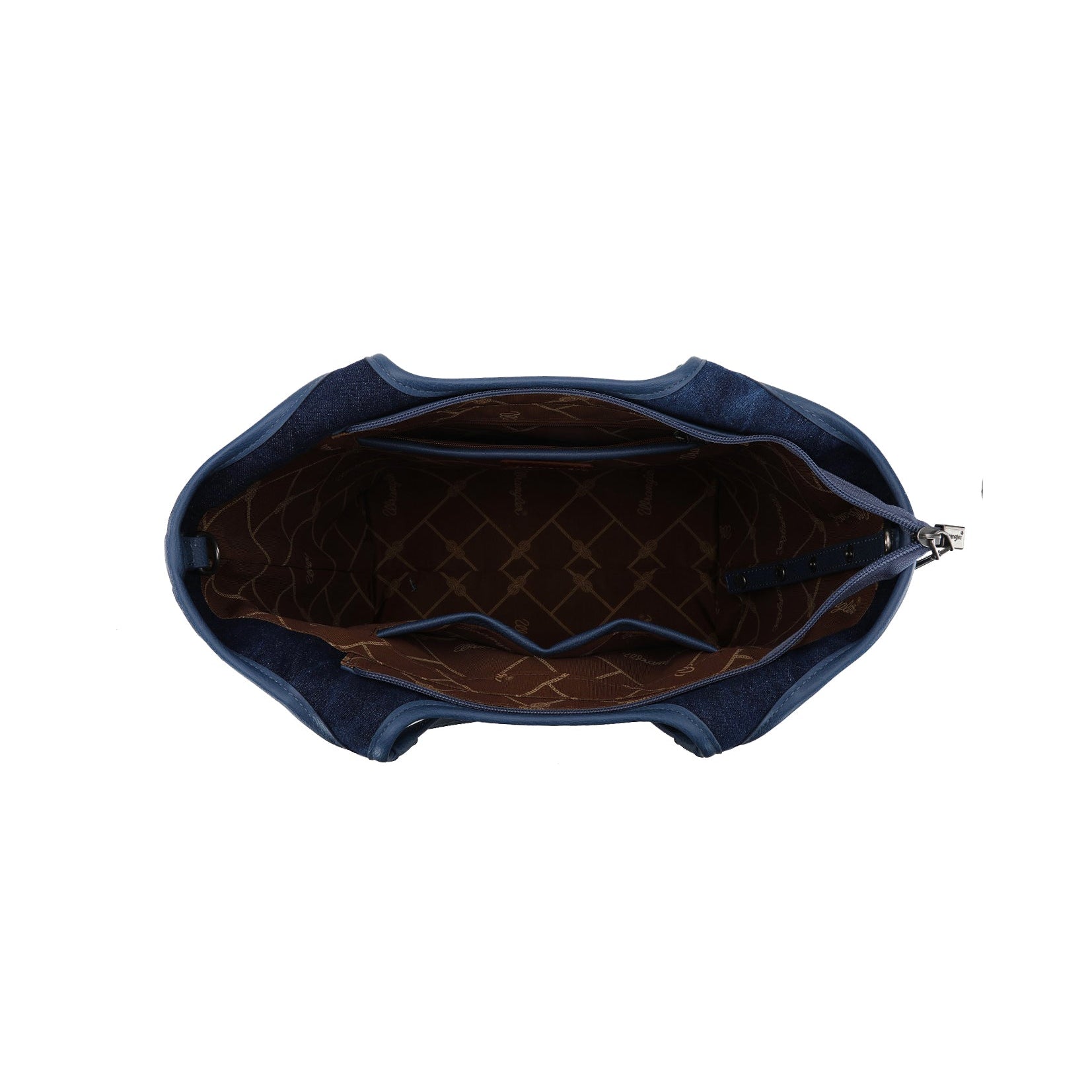 Wrangler Dark Denim Willa Tote Bag. Blue denim tote bag with a brand label on a white background