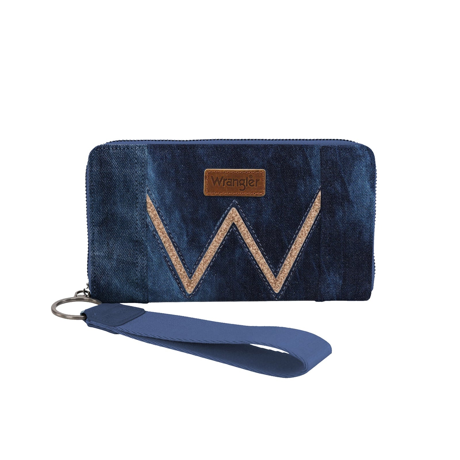 Wrangler Dark Denim Willa Wallet. Blue wallet with a strap on a white background