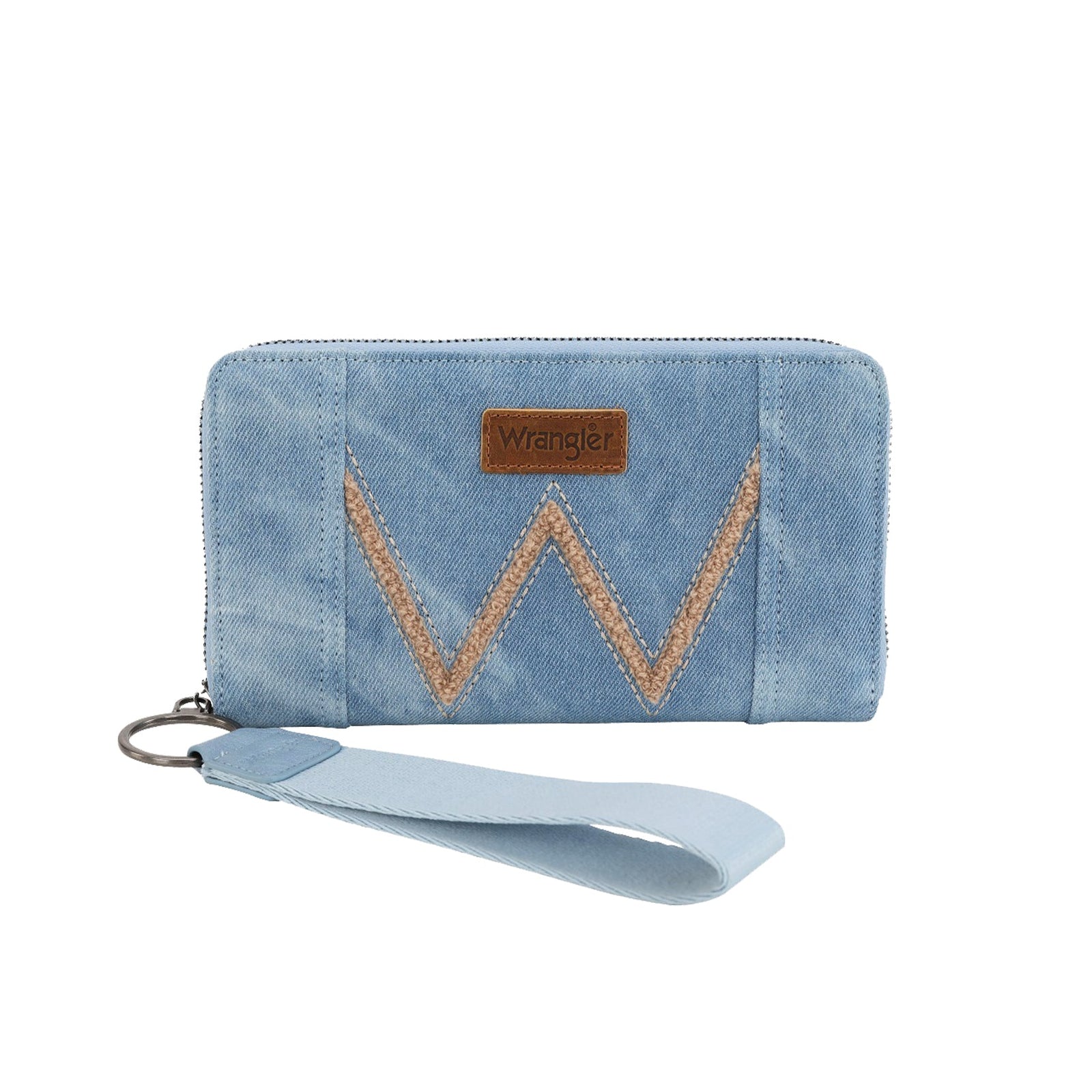 Wrangler Light Denim Willa Wallet. Blue denim wallet with a strap on a white background
