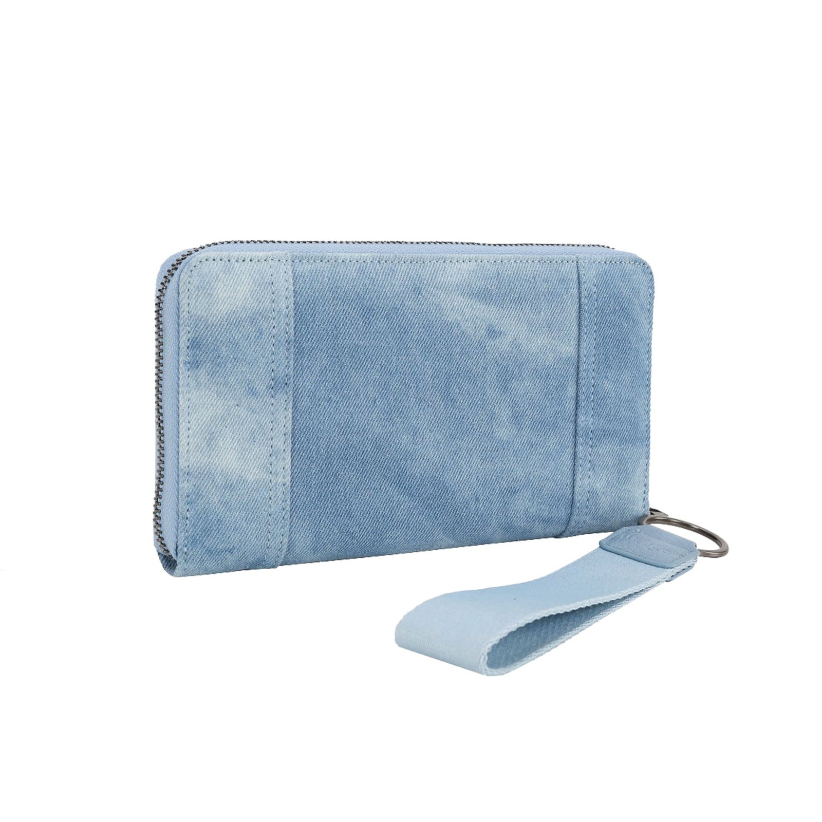 Wrangler Light Denim Willa Wallet. Blue denim wallet with a strap on a white background