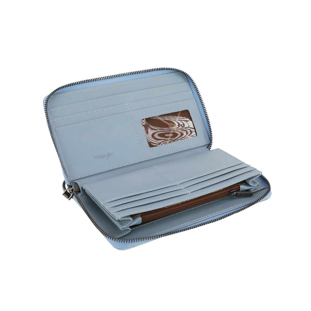 Wrangler Light Denim Willa Wallet. Blue wallet with a wooden interior on a white background