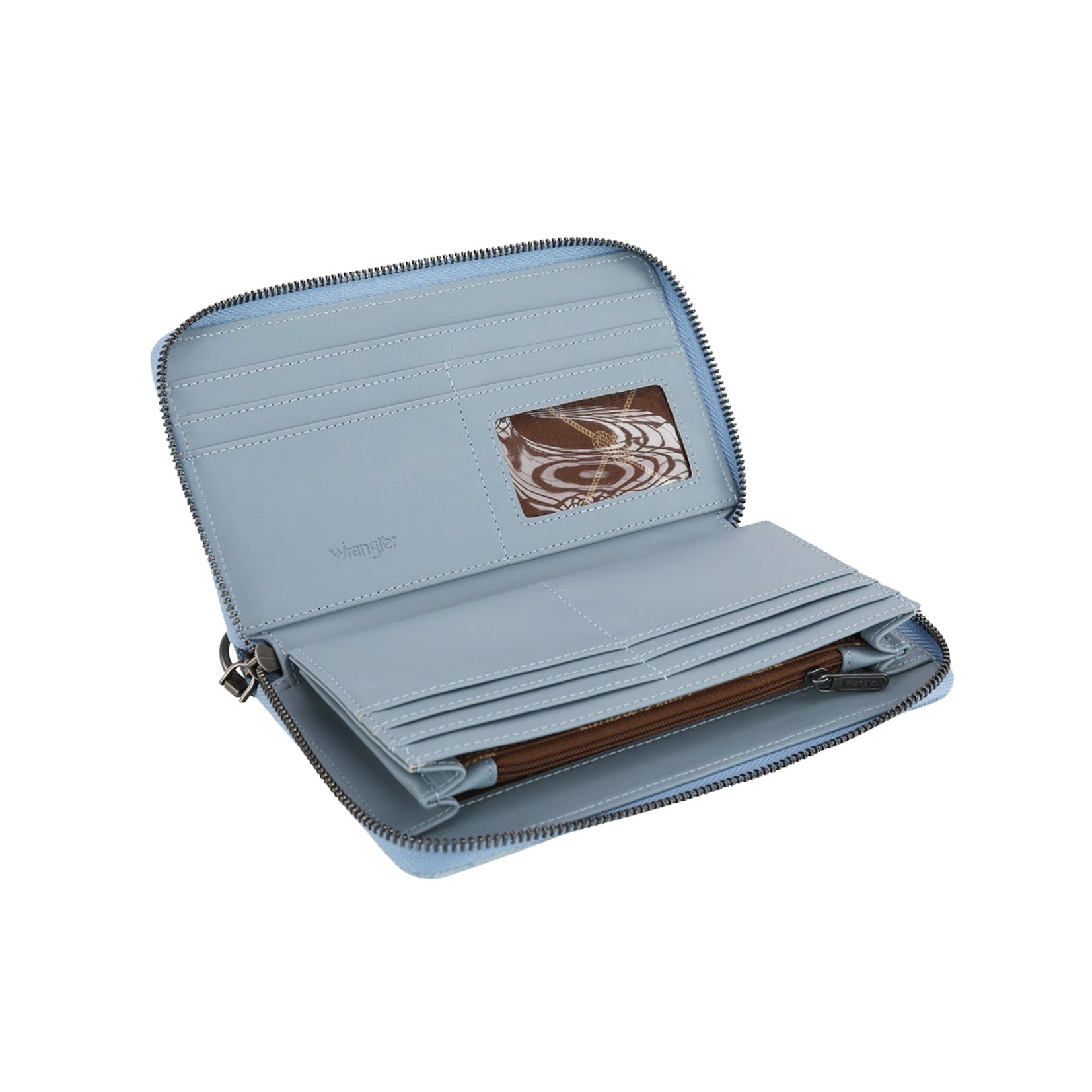 Wrangler Light Denim Willa Wallet. Blue wallet with a wooden interior on a white background