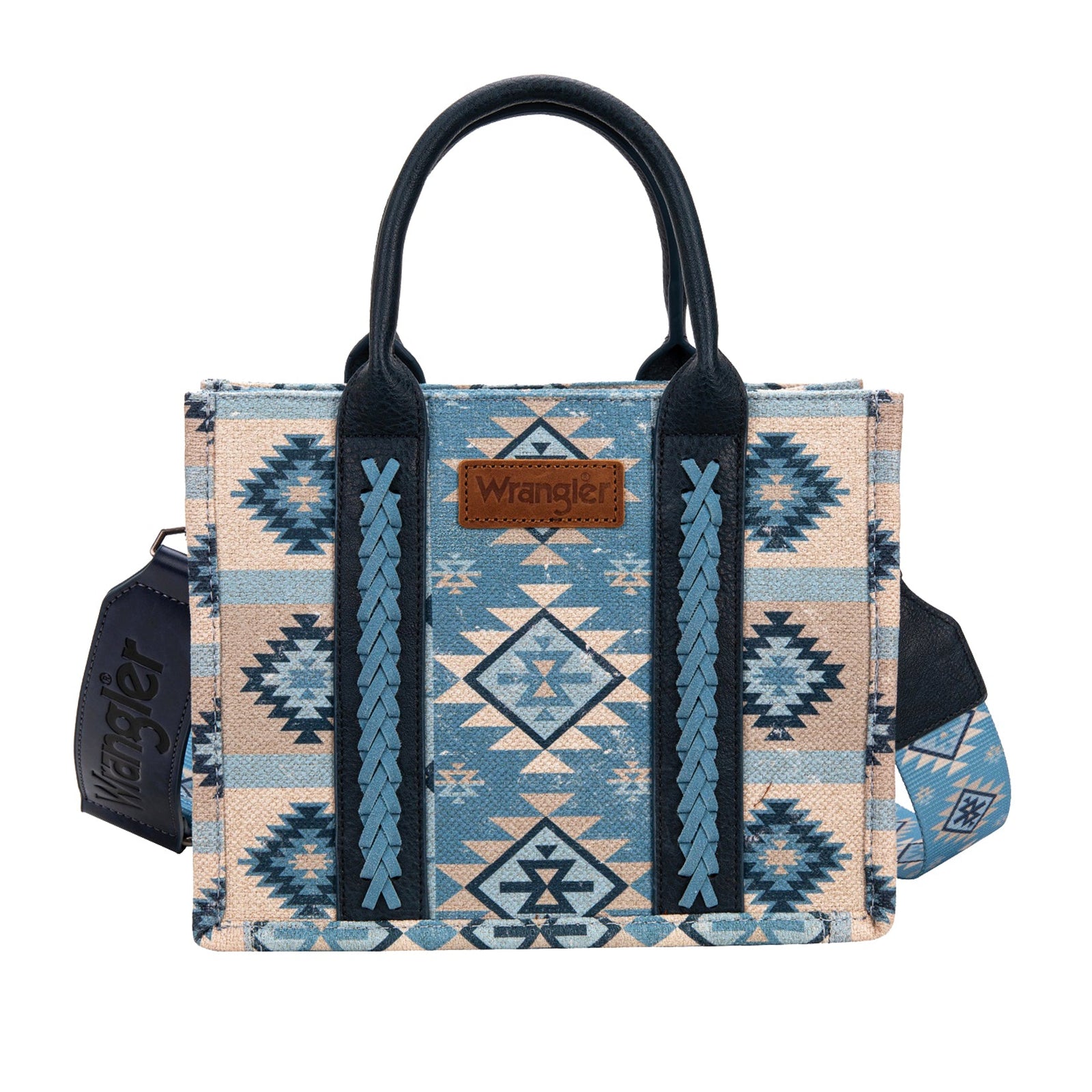 Wrangler Macy Blue Aztec Crossbody Bag. Tote bag with blue and beige pattern on a white background